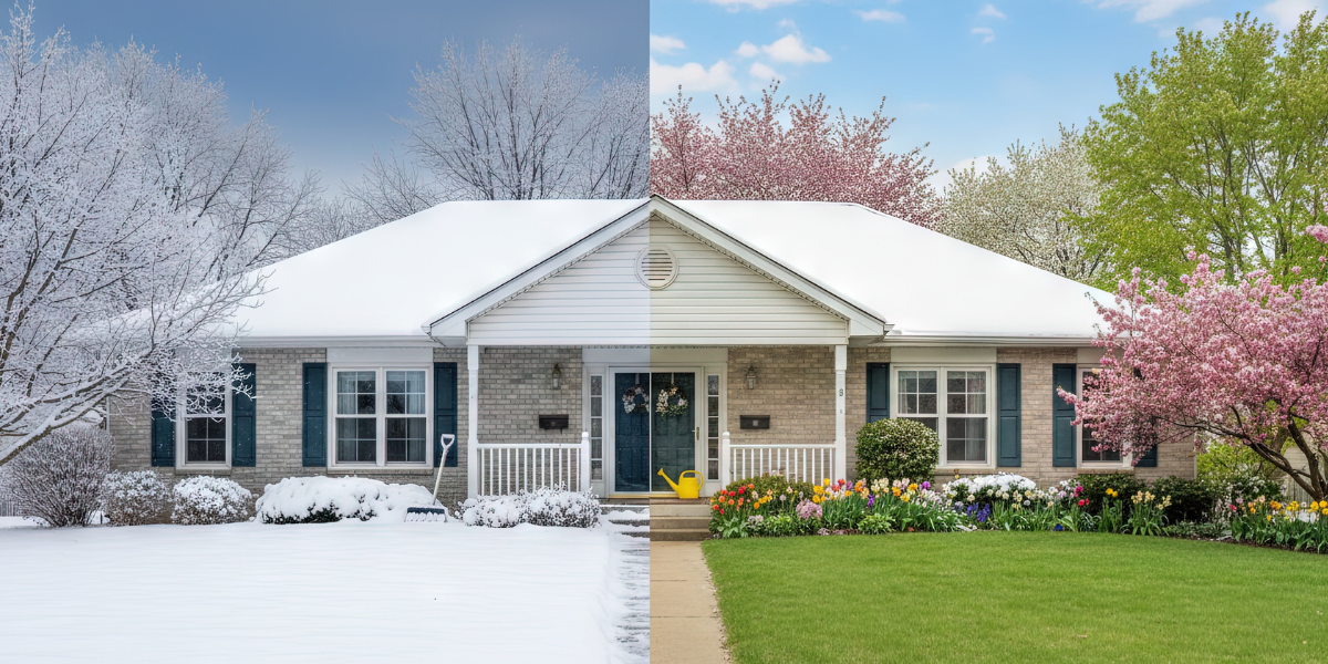 Side-by-side winter and spring house comparison showing house flip seasonality with Kiavi financing.