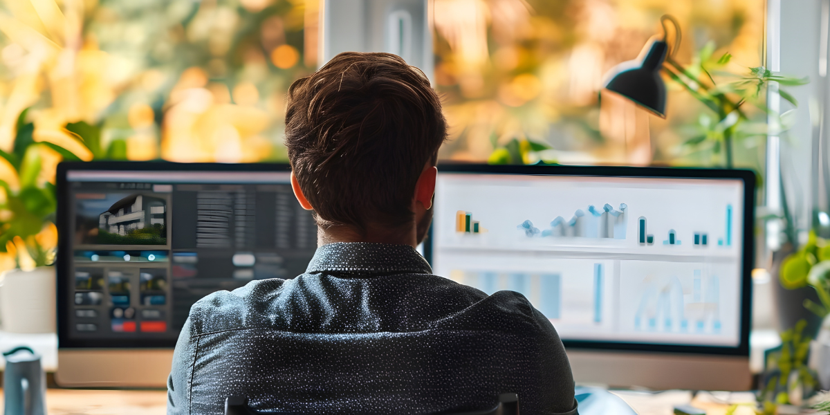 A real estate investor with brown hair sits at a desk, viewing two computer screens showing charts and graphs from the recent JBREC + Kiavi Fix-and-Flip Survey. 