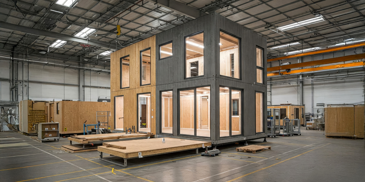 A modular wooden building under construction inside a warehouse, showing large windows and open space. 