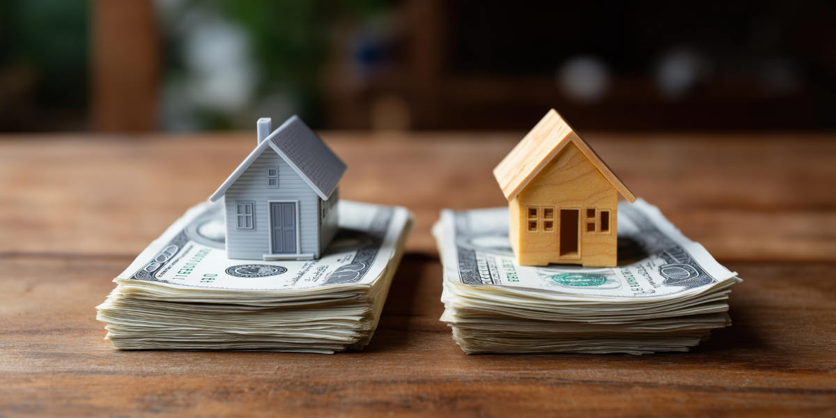 A gray plastic house and a wooden house sit on stacks of cash on a wooden table.