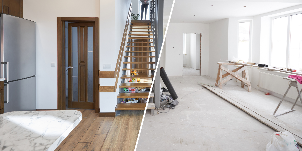 A modern kitchen area with wooden stairs leading to a bright, unfinished room filled with construction tools—showcasing the before and after transformation of a fix-and-flip investment property renovation.