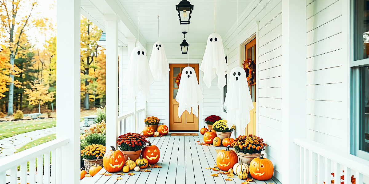 Halloween ghosts and pumpkins on the porch of a rental property secured with Kiavi financing.
