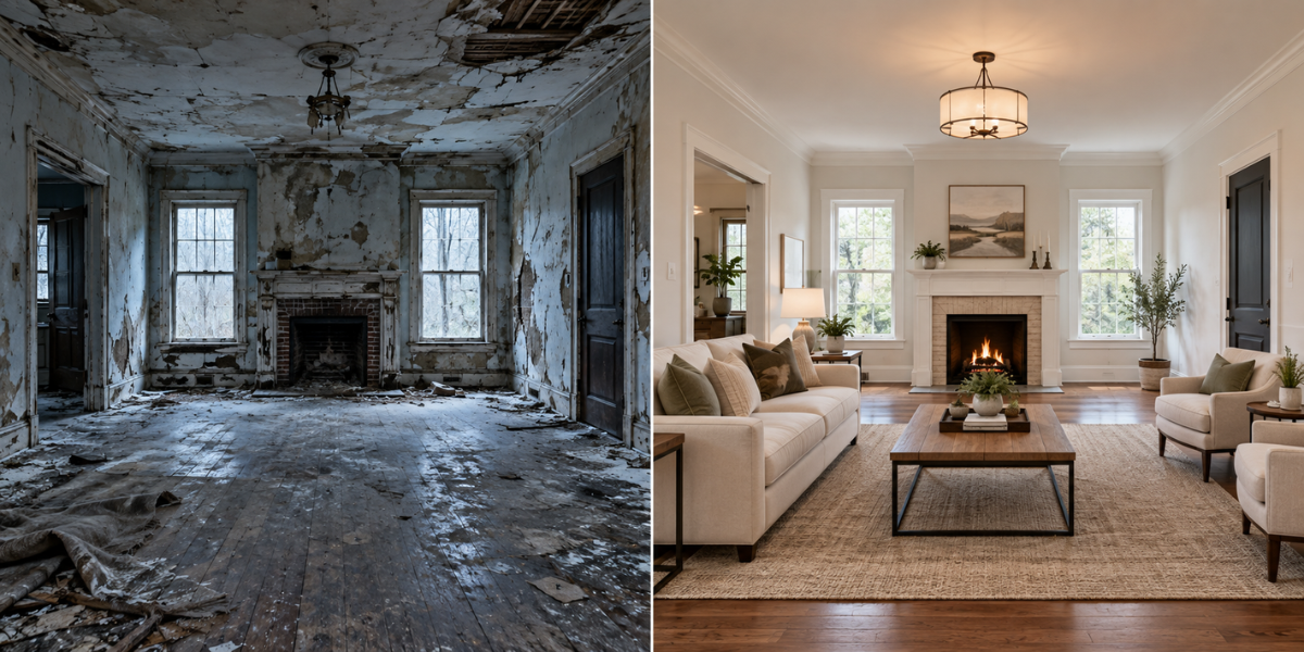 Before and after of a dilapidated fix and flip living room beautifully renovated with Kiavi financing.
