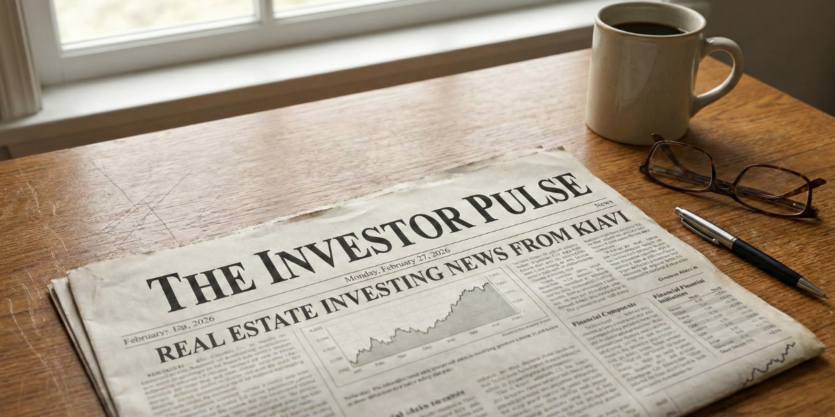 February real estate investing news newspaper on a desk with Kiavi financing updates.