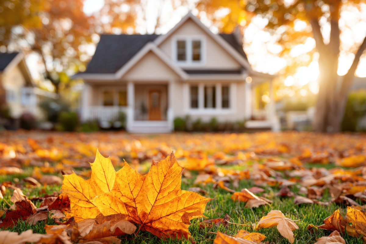 Autumn leaves framing a rental property acquired through Kiavi real estate investment financing.