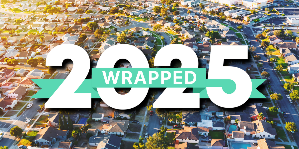 Aerial view of a Los Angeles neighborhood with the text '2025 WRAPPED,' highlighting one of the top real estate investment markets of 2025.