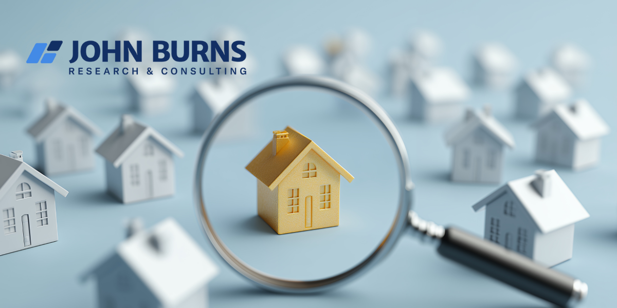 A magnifying glass focusing on a yellow real estate investment property model, with white real estate models blurred in the background. The John Burns Research & Consulting logo on top.
