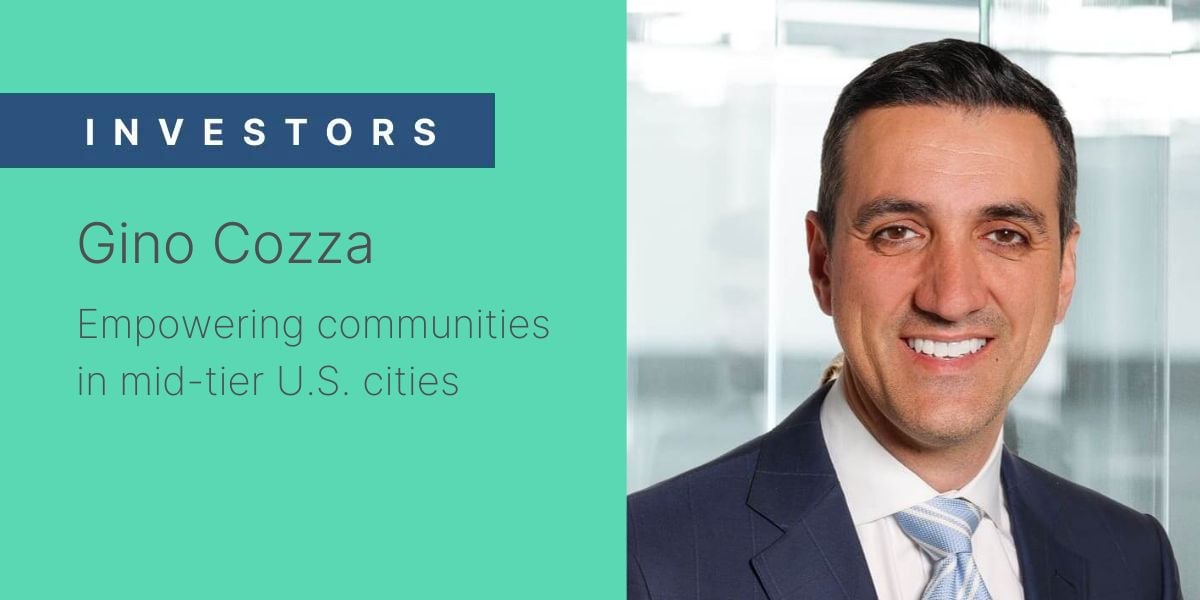 Banner image with a seafoam background and the words 'Empowering communities in mid-tier U.S. cities' next to a professional photo of Gino Cozza, indicating his focus on real estate investment within these regions.