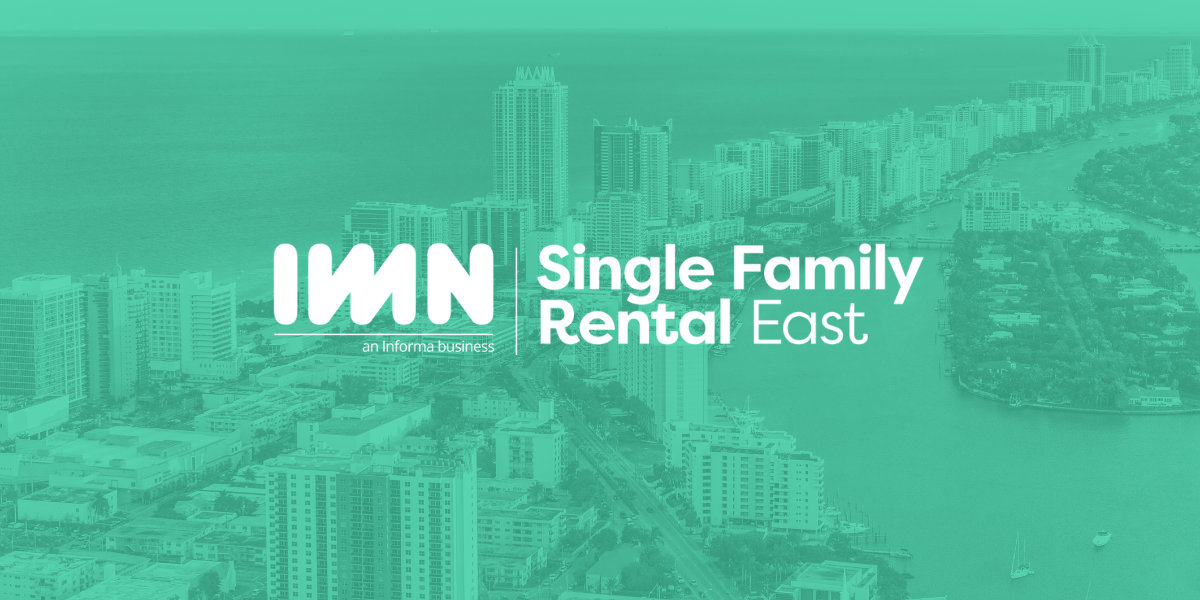 Aerial view of Miami’s coastline with high-rise buildings, featuring the IMN Single Family Rental East logo.
