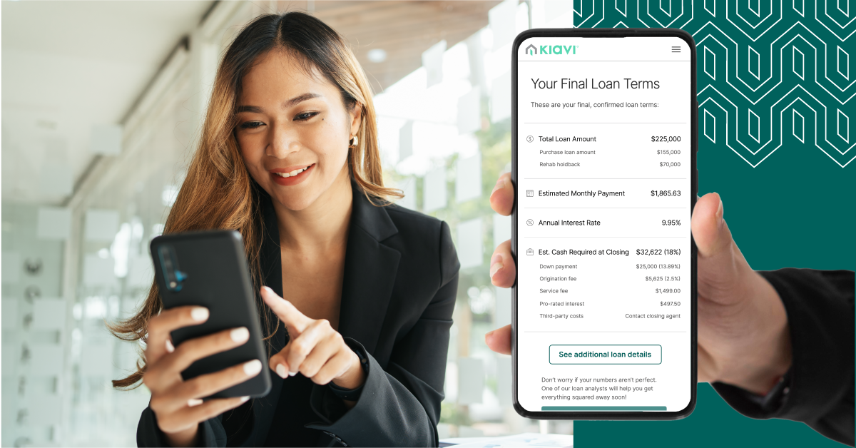 A woman smiling while looking at a smartphone displaying loan terms and details.