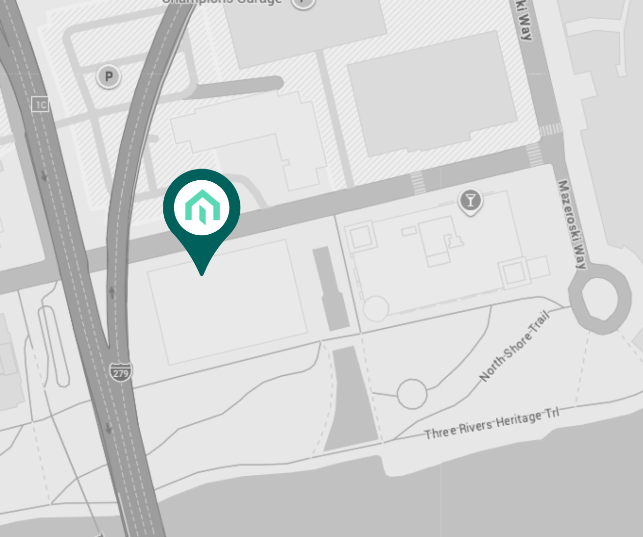 A clean, grayscale digital map showing the North Shore area of Pittsburgh with a teal Kiavi logo pin marking the office location near the Three Rivers Heritage Trail.