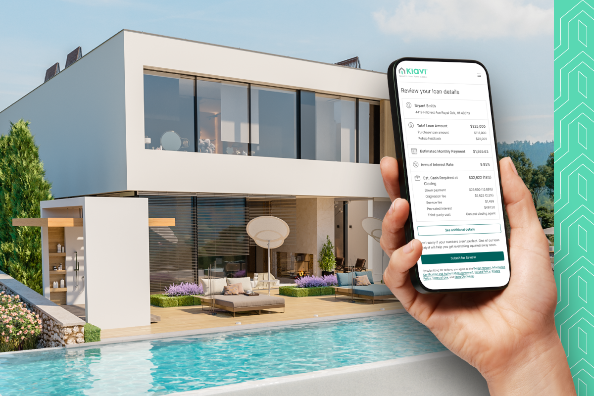 Smartphone with Kiavi loan details, modern home with pool in background.