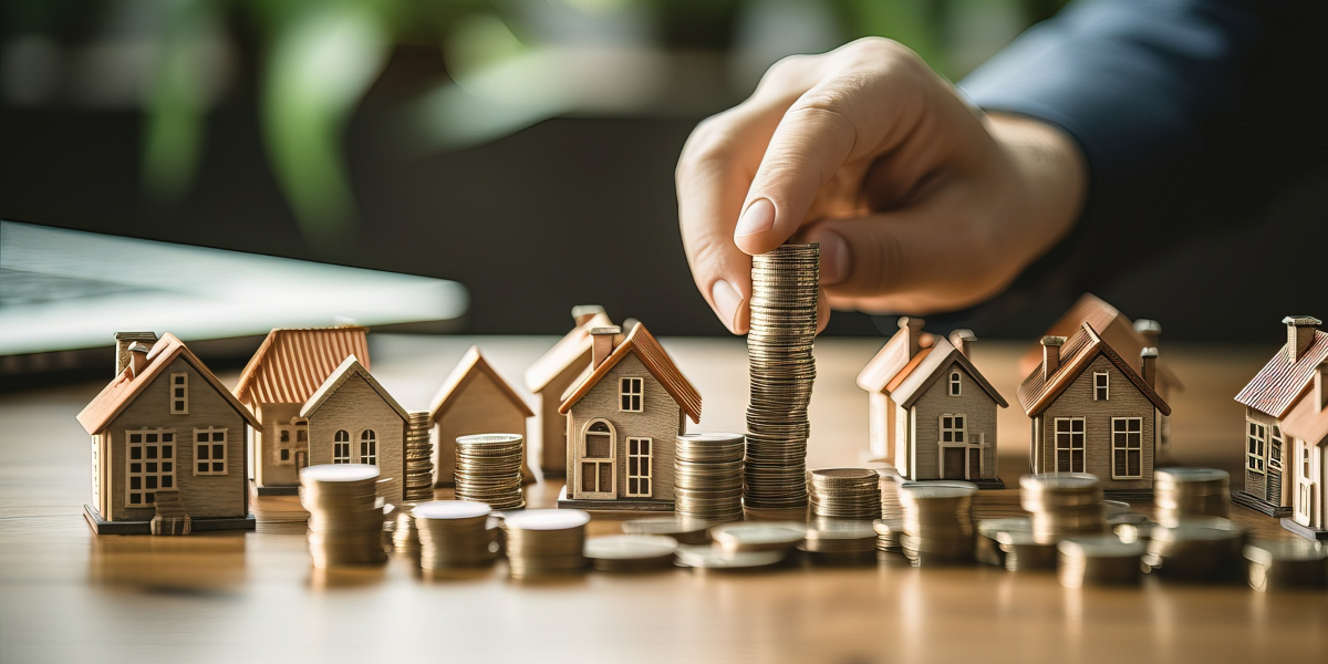 up close of hand placing a stack of coins around small models of houses