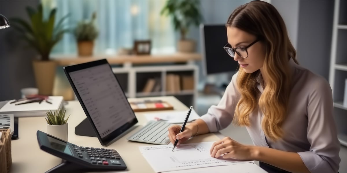 real estate investor at her desk in front of a laptop crunching the numbers of a rental real estate investment