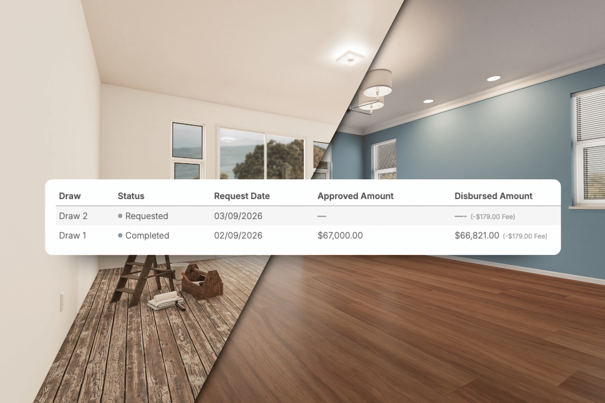 Before and after room renovation with a draw request table from Kiavi's AI-powered platform for rehab financing.