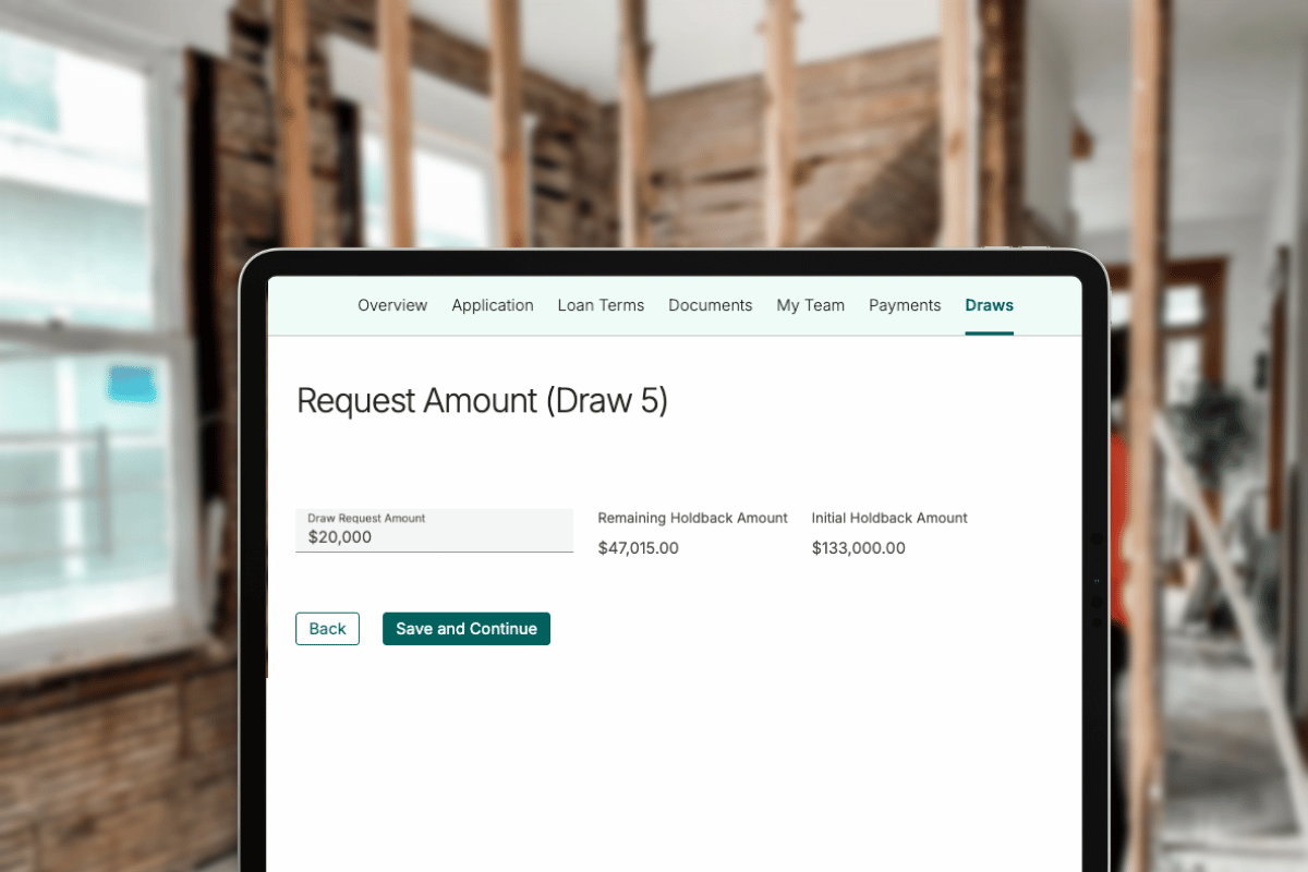 Tablet showing a construction draw request for rehab financing on Kiavi's AI-powered platform.
