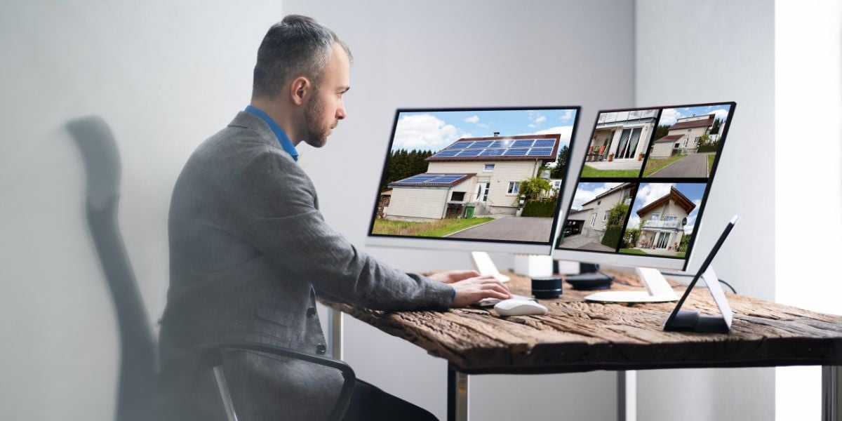 Real estate investor analyzing property data on multiple computer screens to optimize investment strategies with AI technology.