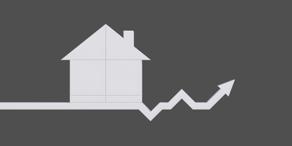 White model house on an ascending line against a seafoam green background, symbolizing upward growth and transition in real estate investing.