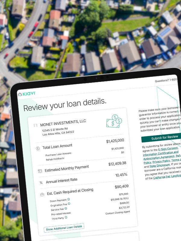 Aerial view of town with a Kiavi loan details overlaid on a tablet.