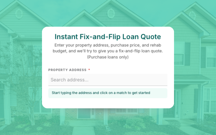 Kiavi AI-powered platform form for an instant fix-and-flip financing quote on a residential property.