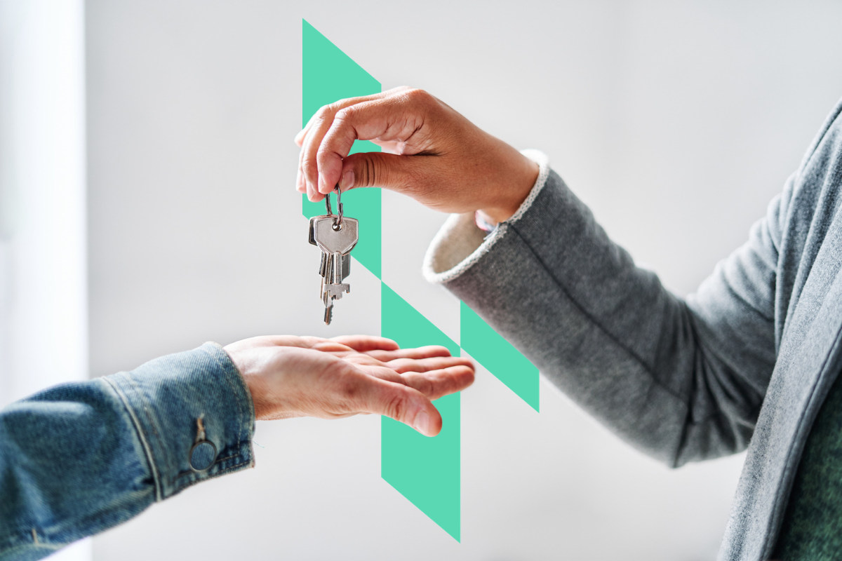 One real estate agents hand dropping a set of keys into another real estate investors open palm over a teal Kiavi graphic.