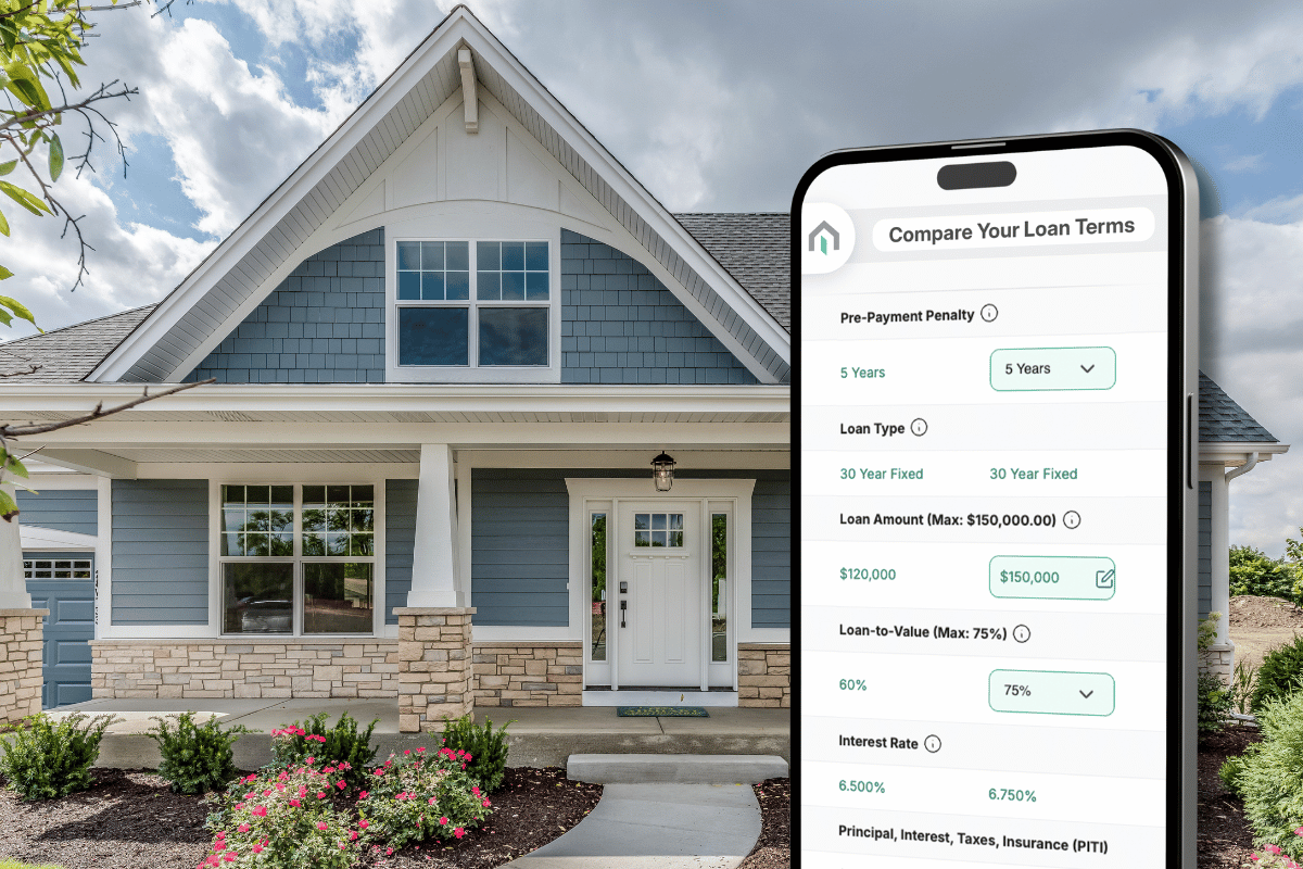 A smartphone displaying the Kiavi loan comparison tool overlaying a modern single-family home with blue siding, stone accents, and a well-landscaped front yard.