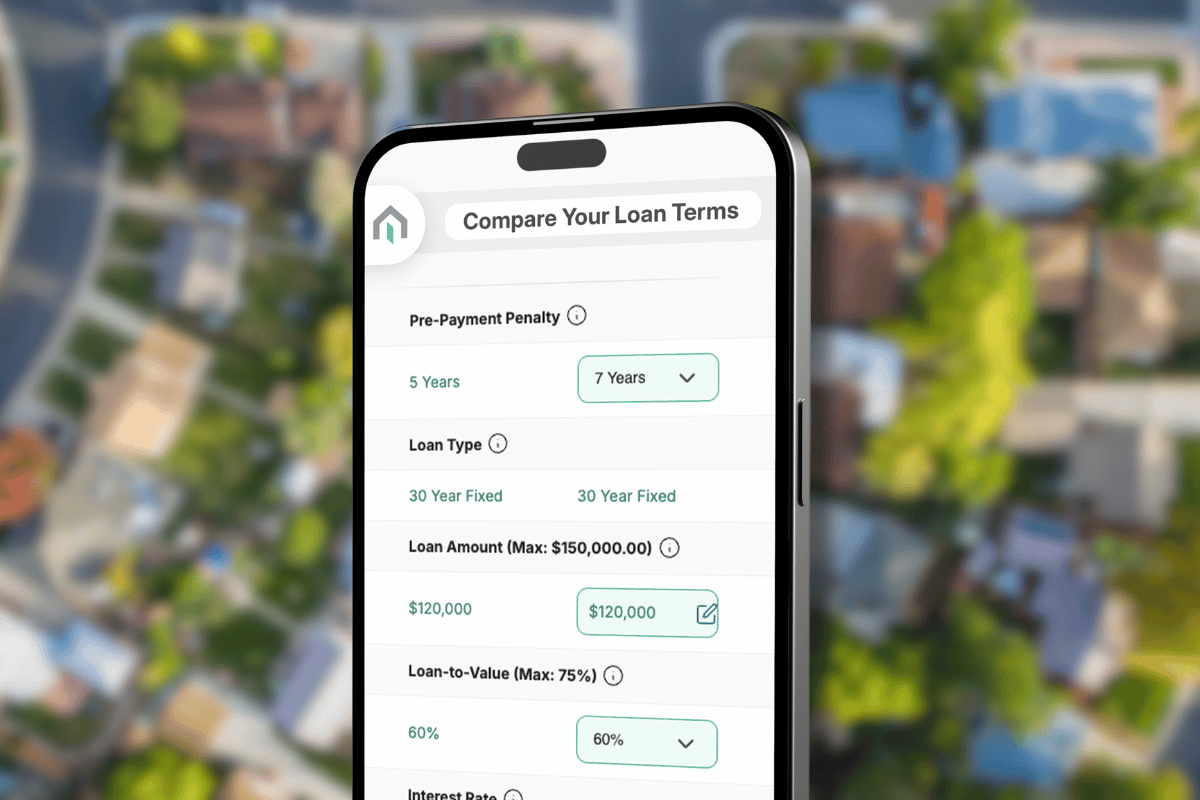 A smartphone displays Kiavi's DSCR loan terms comparison interface against a blurred aerial backdrop of a residential neighborhood.