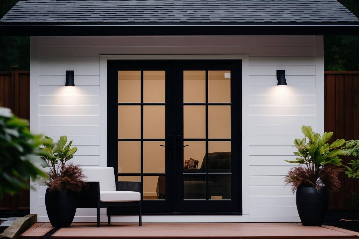 A real estate investment property with an updated deck and two glass doors