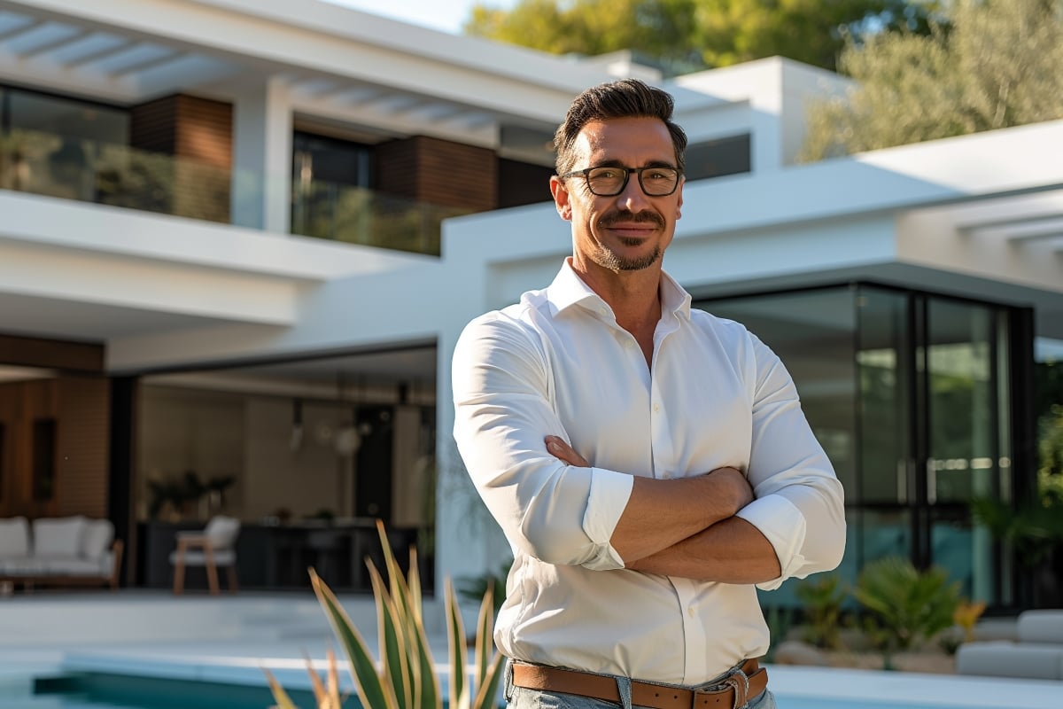 A real estate investor standing in front of a large modern real estate investment property