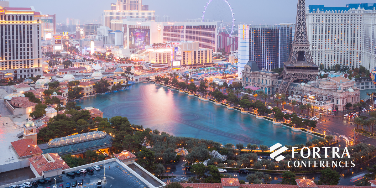High-angle sunset view of the Las Vegas Strip, featuring the Fortra Conferences logo for the 2026 private lending event at The Cosmopolitan.