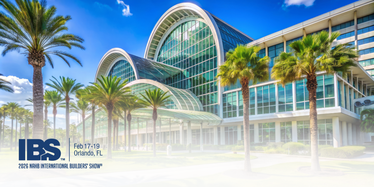 The modern, glass-arched exterior of the Orange County Convention Center in Orlando, featuring palm trees and 2026 International Builders' Show (IBS) logo.