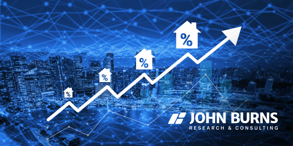 Real estate market growth chart by John Burns Research & Consulting showing rising home price trends and interest rate percentages over a blue digital cityscape.