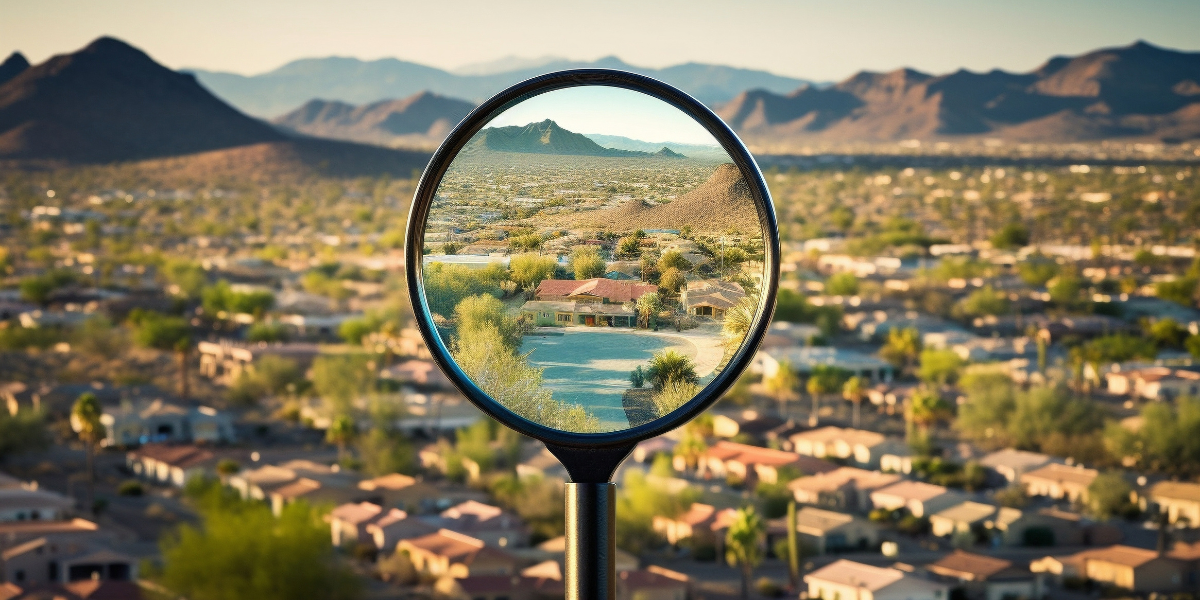 A magnifying glass provides a focused view of a single-family residential investment property set against the expansive Arizona suburban landscape and desert mountains.