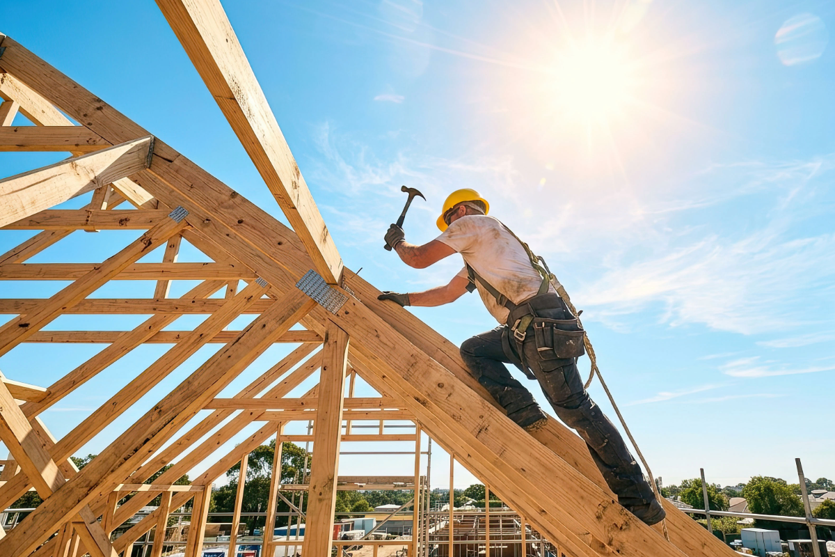 Construction worker building a roof frame for a property rehab project financed by Kiavi.
