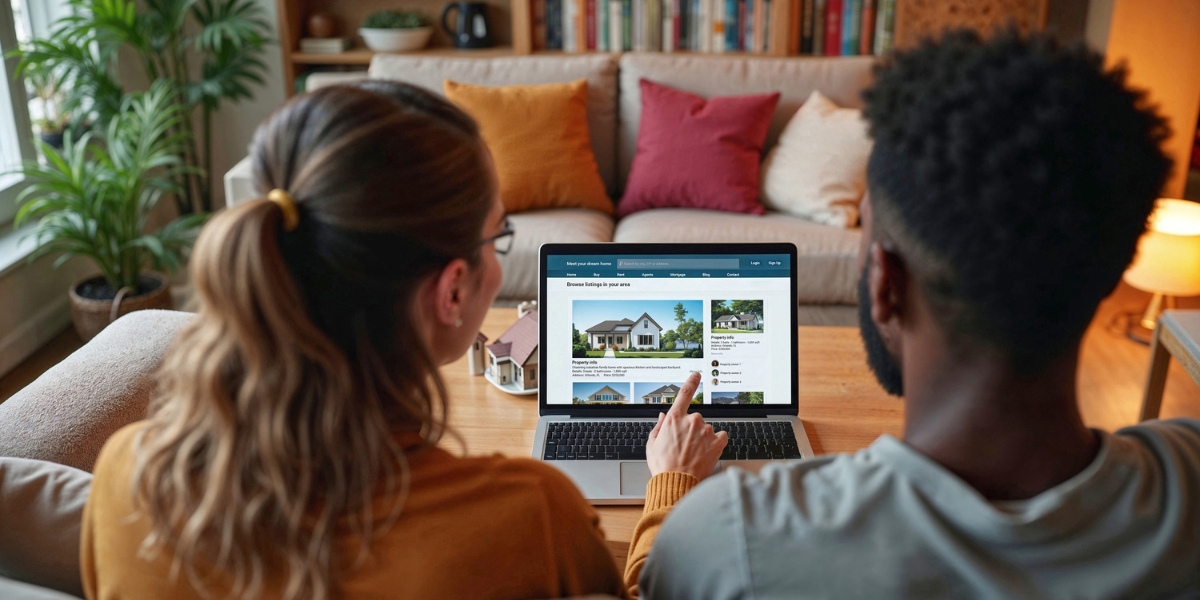 Real estate investors reviewing property listings on a laptop to prepare for Kiavi investment financing.